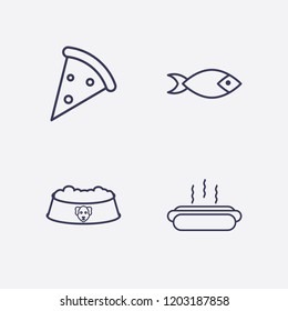 Outline 4 lunch icon set. hot dog, animal dish, fish and pizza vector illustration