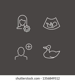 Outline 4 profile icon set. duck, ultrasound baby, add user and user setting vector illustration