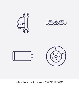 Outline 4 repair icon set. car service, battery, disk brake and car crash vector illustration