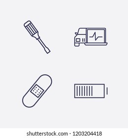 Outline 4 repair icon set. battery, screwdriver, diagnostic and plaster vector illustration