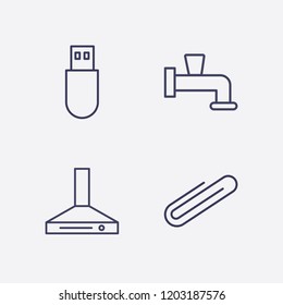 Outline 4 silver icon set. paper clip, usb, water crane and kitchen extractor vector illustration