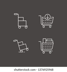Outline 4 trolley icon set. box trolley, shopping cart and add to cart vector illustration