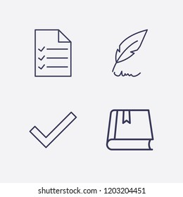 Outline 4 writing icon set. book, check, document list and feather pen vector illustration