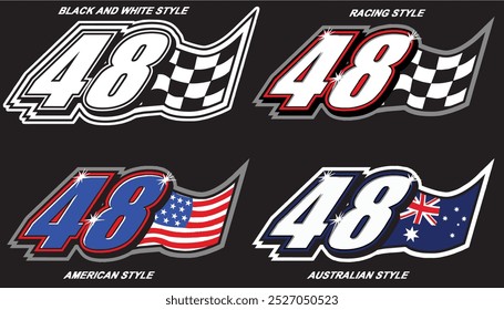 Outline 48 número de carreras, americano, australiano aislado en fondo negro, para impresión, camiseta y Elementos de negocios.