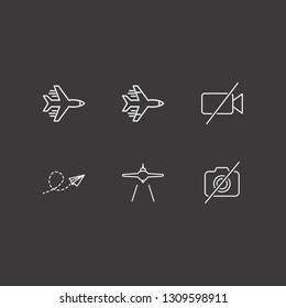 Outline 6 aircraft icon set. paper airplane, forbidden camera, airplane and forbidden video camera vector illustration