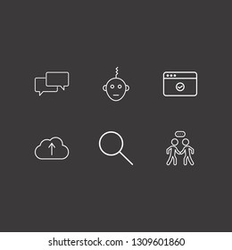 Outline 6 application icon set. search, chat, bot and cloud upload vector illustration