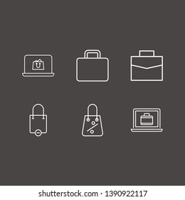 Outline 6 bag icon set. shopping bag remove, online shopping, suitcase and laptop with suitcase vector illustration