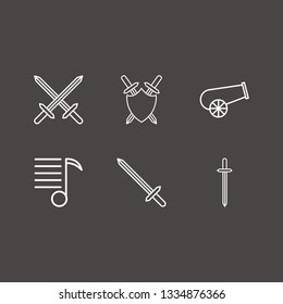 Outline 6 battle icon set. cannon, melody list, sword and sword shield vector illustration