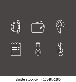 Outline 6 buy icon set. wallet, coin acceptor, home location and online book order vector illustration