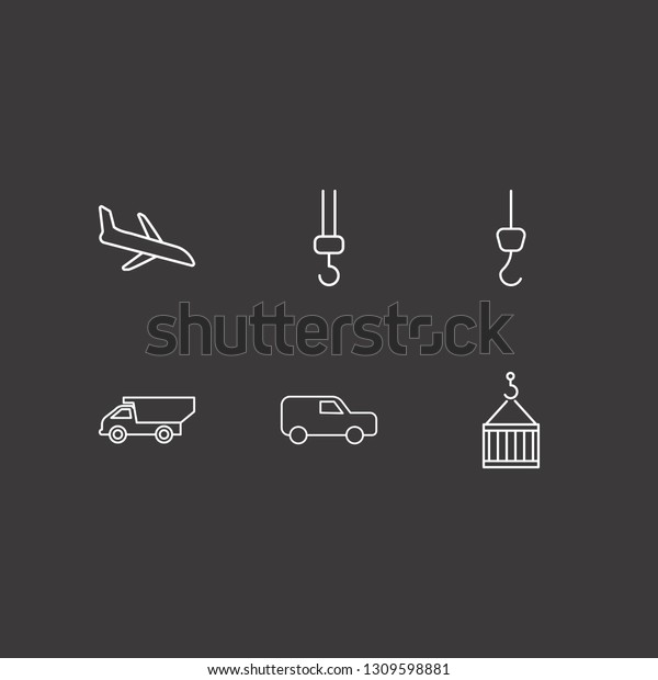 Outline 6 cargo icon set. plane\
landing, crane hook, van and towing hook vector\
illustration