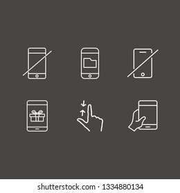 Outline 6 cell icon set. forbidden smartphone, hand scroll, hand with smartphone and gift in phone vector illustration