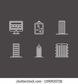Outline 6 center icon set. monitor, building and clipboard with tactic vector illustration