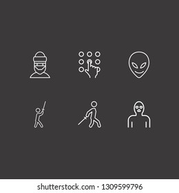 Outline 6 character icon set. pressing number, alien, thief and samurai vector illustration