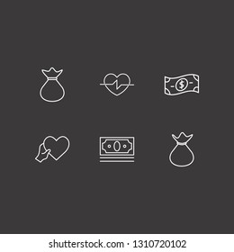 Outline 6 charity icon set. heart with hand, heart, money and money bag vector illustration