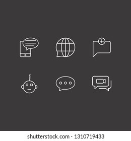 Outline 6 chat icon set. bubble chat, video chat, bot and globe chat vector illustration
