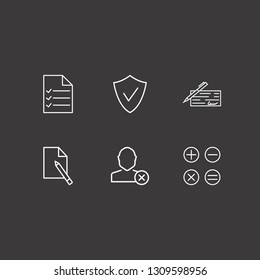Outline 6 check icon set. calculator, close user, shield check and money check vector illustration