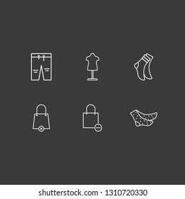 Outline 6 cloth icon set. sock, shopping bag remove, pant and mannequin vector illustration