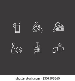 Outline 6 club icon set. disco ball, bowling, tap and cocktail vector illustration