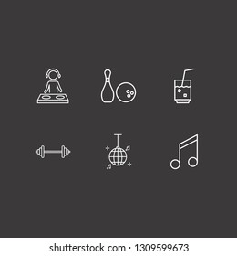 Outline 6 club icon set. bowling, barbell, cocktail and melody vector illustration