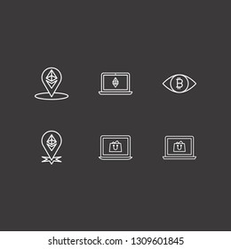 Outline 6 commerce icon set. online shopping, eye with bitcoin, ethereum with book and ethereum location vector illustration