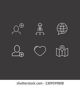 Outline 6 community icon set. add user, organization, globe chat and heart vector illustration