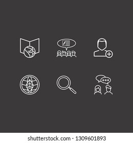 Outline 6 connection icon set. add user, social campaign, online learning and ethereum globe vector illustration