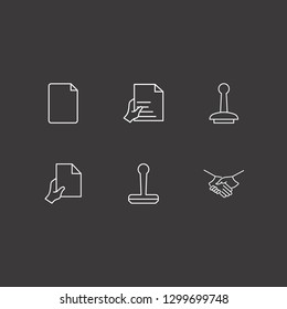Outline 6 contract icon set. hand with document, handshake, stamp and document vector illustration