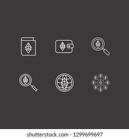 Outline 6 cryptography icon set. ethereum with book, ethereum globe, ethereum wallet and ethereum search vector illustration