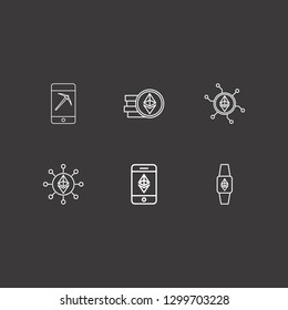 Outline 6 cryptography icon set. ethereum with smartphone, smartphone with mining, ethereum coin and ethereum network vector illustration