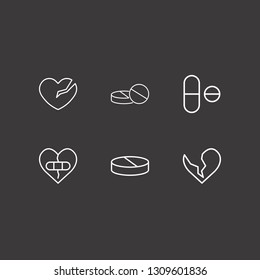 Outline 6 depression icon set. broken heart with plaster, pill and broken heart vector illustration