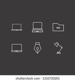 Outline 6 desktop icon set. remove folder, laptop, desktop lamp and pen tool vector illustration