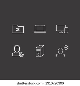 Outline 6 desktop icon set. laptop, remove user, remove folder and pc case vector illustration