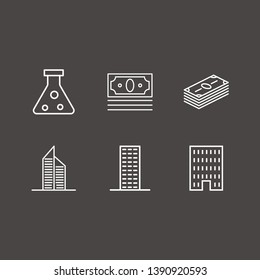 Outline 6 development icon set. building, flask and money vector illustration