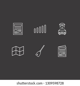 Outline 6 dirty icon set. car wash, broom, signal bars and newspaper vector illustration