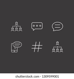 Outline 6 discussion icon set. smartphone bubble chat, hashtag, corporate organization and bubble chat vector illustration