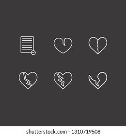 Outline 6 end icon set. remove document and broken heart vector illustration