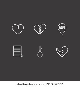 Outline 6 end icon set. bus location, remove document, suicide rope and broken heart vector illustration