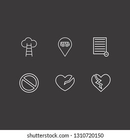 Outline 6 end icon set. remove document, broken heart, bus location and cloud with ladder vector illustration