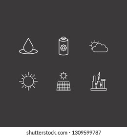Outline 6 environment icon set. gas production, sun, battery and cloudy vector illustration