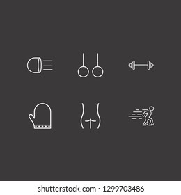 Outline 6 exercise icon set. headlamp, figure ass, sport ring and glove vector illustration