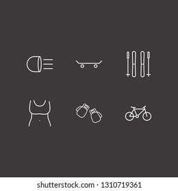 Outline 6 exercise icon set. headlamp, boxing gloves, skateboard and fit woman body vector illustration