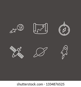 Outline 6 exploration icon set. satellite, rocket, saturn and world and rocket vector illustration