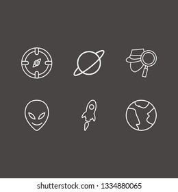 Outline 6 exploration icon set. search detective, compass, alien and earth vector illustration