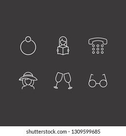 Outline 6 female icon set. read the book, cheers, glasses and girl head in hat vector illustration