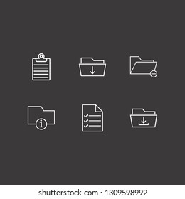 Outline 6 file icon set. document list, information folder, clipboard and download folder vector illustration