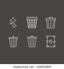 Outline 6 garbage icon set. bin, clean and barrel oil vector illustration