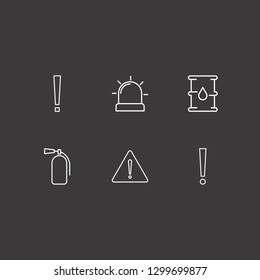 Outline 6 hazard icon set. barrel oil, fire extinguisher, alarm flasher and warning vector illustration