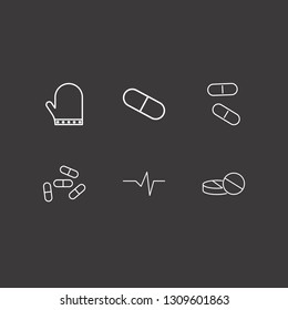 Outline 6 hospital icon set. glove, heart impulse, pill and pills vector illustration