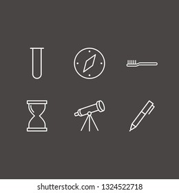 Outline 6 instrument icon set. pen, telescope, test tube and compass vector illustration