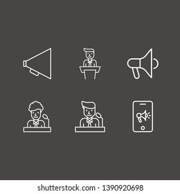 Outline 6 loudspeaker icon set. megaphone, speaker on tribune and phone with megaphone vector illustration